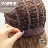 JBEXTENSION 11 Inches Short Hair Peach Blonde Pre-Cut T Part Snowflake Lace Frontlace Glueless Wig with Bangs CARRIE PEACH BLONDE【BENDY EAR TABS】