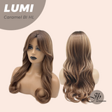 JBEXTENSION 23 Inches Curly Caramel Blonde Highlight Wig with Bangs LUMI CARAMEL BLONDE HIGHLIGHT