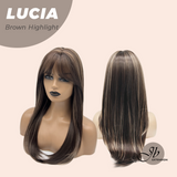 JBEXTENSION 21 Inches Natural Style Brown Highlight Wig with Bangs LUCIA BROWN HIGHLIGHT