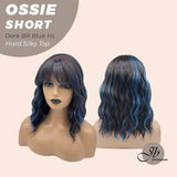 JBEXTENSION 14 Inches Scalpiana Wave Dark Brown with Blue Highlight 3.5X4 Hard Silky Top Natural Scalp Effect Wig with Bangs OSSIE SHORT - DARK BROWN WITH BLUE HIGHLIGHT