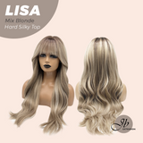 JBEXTENSION 26 Inches Scalpiana Long Curly Mix Blonde 3.5X4 Hard Silky Top Natural Scalp Effect Wig with Bangs LISA MIX BLONDE