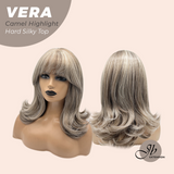 JBEXTENSION 17 Inches Scalpiana Curly Camel Highlight 3.5X4 Hard Silky Top Natural Scalp Effect Wig with Bangs VERA CAMEL HIGHLIGHT