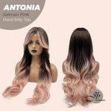 JBEXTENSION 28 Inches Scalpiana Long Curly Salmon Pink 3.5X4 Hard Silky Top Natural Scalp Effect Wig ANTONIA SALMON PINK