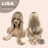 JBEXTENSION 26 Inches Scalpiana Long Curly Light Mix Blonde 3.5X4 Hard Silky Top Natural Scalp Effect Wig with Bangs LISA LIGHT MIX BLONDE
