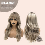 JBEXTENSION 22 Inches Scalpiana Blonde Highlight 3.5X4 Hard Silky Top Natural Scalp Effect Women Wig With Bangs CLAIRE SILKY TOP BLONDE HIGHLIGHT