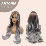 JBEXTENSION 28 Inches Scalpiana Long Curly Light Brown with Grey Highlight 3.5X4 Hard Silky Top Natural Scalp Effect Wig ANTONIA