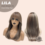 JBEXTENSION 20 Inches Scalpiana Dark Brown Highlight Wolf Cut 3.5X4 Hard Silky Top Natural Scalp Effect Wig With Bangs LILA DARK BROWN HIGHLIGHT