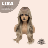 JBEXTENSION 26 Inches Scalpiana Long Curly Mix Blonde 3.5X4 Hard Silky Top Natural Scalp Effect Wig with Bangs LISA MIX BLONDE