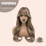 JBEXTENSION 26 Inches Scalpiana Long Curly Dark Mix Blonde 3.5X4 Hard Silky Top Natural Scalp Effect Wig with Bangs KENDRA DARK MIX BLONDE