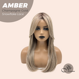 JBEXTENSION 21 Inches Straight Champagne Gold Pre-Cut T Part Snowflake Lace Frontlace Glueless Wig AMBER CHAMPAGNE GOLD【BENDY EAR TABS】