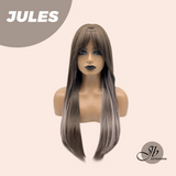 JBEXTENSION 28 Inches Long Straight Brown with Smog Pink Highlight Wig with Bangs JULES
