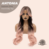 JBEXTENSION 28 Inches Scalpiana Long Curly Salmon Pink 3.5X4 Hard Silky Top Natural Scalp Effect Wig ANTONIA SALMON PINK