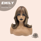 JBEXTENSION 18 Inches Scalpiana Curly Hazelnut 3.5X4 Hard Silky Top Natural Scalp Effect Wig with Bangs EMILY HAZELNUT
