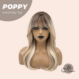 JBEXTENSION 21 Inches Scalpiana Curly Mix Blonde with Dark Root 3.5X4 Hard Silky Top Natural Scalp Effect Wig with Bangs POPPY