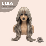 JBEXTENSION 26 Inches Scalpiana Long Curly Camel Highlight 3.5X4 Hard Silky Top Natural Scalp Effect Wig with Bangs LISA CAMEL HIGHLIGHT