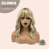 JBEXTENSION 14 Inches Curly Golden Blonde Wig with Bangs Pre-Cut T Part Snowflake Lace Frontlace Glueless Wig GLORIA GOLDEN BLONDE