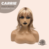 JBEXTENSION 11 Inches Short Hair Peach Blonde Pre-Cut T Part Snowflake Lace Frontlace Glueless Wig with Bangs CARRIE PEACH BLONDE【BENDY EAR TABS】