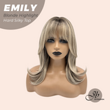 JBEXTENSION 18 Inches Scalpiana Curly Blonde Highlight 3.5X4 Hard Silky Top Natural Scalp Effect Wig with Bangs EMILY BLONDE HIGHLIGHT