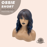 JBEXTENSION 14 Inches Scalpiana Wave Dark Brown with Blue Highlight 3.5X4 Hard Silky Top Natural Scalp Effect Wig with Bangs OSSIE SHORT - DARK BROWN WITH BLUE HIGHLIGHT