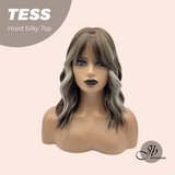 JBEXTENSION 15 Inches Scalpiana Wave Light Brown with Highlight 3.5X4 Hard Silky Top Natural Scalp Effect Wig with Bangs TESS