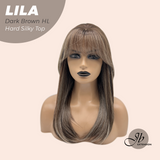 JBEXTENSION 20 Inches Scalpiana Dark Brown Highlight Wolf Cut 3.5X4 Hard Silky Top Natural Scalp Effect Wig With Bangs LILA DARK BROWN HIGHLIGHT
