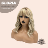 JBEXTENSION 14 Inches Curly Golden Blonde Wig with Bangs Pre-Cut T Part Snowflake Lace Frontlace Glueless Wig GLORIA GOLDEN BLONDE