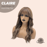 JBEXTENSION 22 Inches Scalpiana Dark Brown Highlight 3.5X4 Hard Silky Top Natural Scalp Effect Women Wig with Bangs CLAIRE SILKY TOP - DARK BROWN HIGHLIGHT