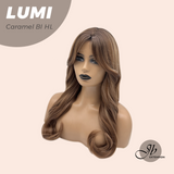 JBEXTENSION 23 Inches Curly Caramel Blonde Highlight Wig with Bangs LUMI CARAMEL BLONDE HIGHLIGHT