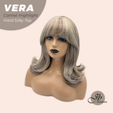 JBEXTENSION 17 Inches Scalpiana Curly Camel Highlight 3.5X4 Hard Silky Top Natural Scalp Effect Wig with Bangs VERA CAMEL HIGHLIGHT