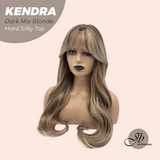 JBEXTENSION 26 Inches Scalpiana Long Curly Dark Mix Blonde 3.5X4 Hard Silky Top Natural Scalp Effect Wig with Bangs KENDRA DARK MIX BLONDE