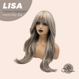 JBEXTENSION 26 Inches Scalpiana Long Curly Camel Highlight 3.5X4 Hard Silky Top Natural Scalp Effect Wig with Bangs LISA CAMEL HIGHLIGHT