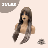 JBEXTENSION 28 Inches Long Straight Brown with Smog Pink Highlight Wig with Bangs JULES