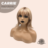 JBEXTENSION 11 Inches Short Hair Peach Blonde Pre-Cut T Part Snowflake Lace Frontlace Glueless Wig with Bangs CARRIE PEACH BLONDE【BENDY EAR TABS】