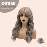 JBEXTENSION 22 Inches Scalpiana Long Wave Camel Highlight 3.5X4 Hard Silky Top Natural Scalp Effect Wig with Bangs OSSIE CAMEL HIGHLIGHT