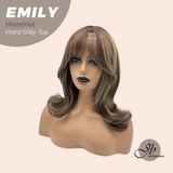 JBEXTENSION 18 Inches Scalpiana Curly Hazelnut 3.5X4 Hard Silky Top Natural Scalp Effect Wig with Bangs EMILY HAZELNUT