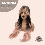 JBEXTENSION 28 Inches Scalpiana Long Curly Salmon Pink 3.5X4 Hard Silky Top Natural Scalp Effect Wig ANTONIA SALMON PINK