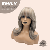 JBEXTENSION 18 Inches Scalpiana Curly Camel Highlight 3.5X4 Hard Silky Top Natural Scalp Effect Wig with Bangs EMILY CAMEL HIGHLIGHT