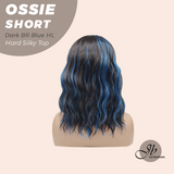 JBEXTENSION 14 Inches Scalpiana Wave Dark Brown with Blue Highlight 3.5X4 Hard Silky Top Natural Scalp Effect Wig with Bangs OSSIE SHORT - DARK BROWN WITH BLUE HIGHLIGHT