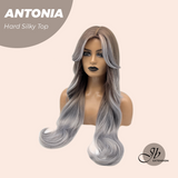 JBEXTENSION 28 Inches Scalpiana Long Curly Light Brown with Grey Highlight 3.5X4 Hard Silky Top Natural Scalp Effect Wig ANTONIA