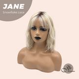JBEXTENSION 13 Inches Mix Blonde Wave Pre-Cut T Part Snowflake Lace Frontlace Glueless Wig with Bangs JANE【BENDY EAR TABS】