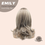 JBEXTENSION 18 Inches Scalpiana Curly Camel Highlight 3.5X4 Hard Silky Top Natural Scalp Effect Wig with Bangs EMILY CAMEL HIGHLIGHT