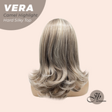 JBEXTENSION 17 Inches Scalpiana Curly Camel Highlight 3.5X4 Hard Silky Top Natural Scalp Effect Wig with Bangs VERA CAMEL HIGHLIGHT