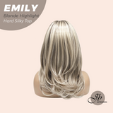 JBEXTENSION 18 Inches Scalpiana Curly Blonde Highlight 3.5X4 Hard Silky Top Natural Scalp Effect Wig with Bangs EMILY BLONDE HIGHLIGHT