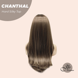 JBEXTENSION 25 Inches Scalpiana Brown with Blonde Highlight 3.5X4 Hard Silky Top Natural Scalp Effect Wig With Bangs CHANTHAL