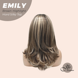 JBEXTENSION 18 Inches Scalpiana Curly Brown Highlight 3.5X4 Hard Silky Top Natural Scalp Effect Wig with Bangs EMILY BROWN HIGHLIGHT