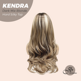 JBEXTENSION 26 Inches Scalpiana Long Curly Dark Mix Blonde 3.5X4 Hard Silky Top Natural Scalp Effect Wig with Bangs KENDRA DARK MIX BLONDE