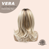 JBEXTENSION 17 Inches Scalpiana Curly Light Mix Blonde 3.5X4 Hard Silky Top Natural Scalp Effect Wig with Bangs VERA LIGHT MIX BLONDE