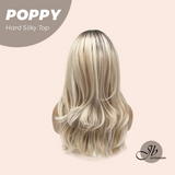 JBEXTENSION 21 Inches Scalpiana Curly Mix Blonde with Dark Root 3.5X4 Hard Silky Top Natural Scalp Effect Wig with Bangs POPPY