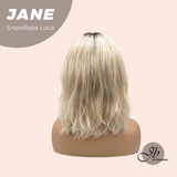 JBEXTENSION 13 Inches Mix Blonde Wave Pre-Cut T Part Snowflake Lace Frontlace Glueless Wig with Bangs JANE【BENDY EAR TABS】