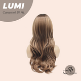 JBEXTENSION 23 Inches Curly Caramel Blonde Highlight Wig with Bangs LUMI CARAMEL BLONDE HIGHLIGHT